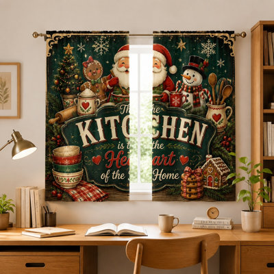 2Pcs Christmas Kitchen Curtains, Vintage Santa Claus Snowman Gingerbread Man Pattern, Rustic Farmhouse Rod Pocket Window Drapes for Bathroom Home Decor,