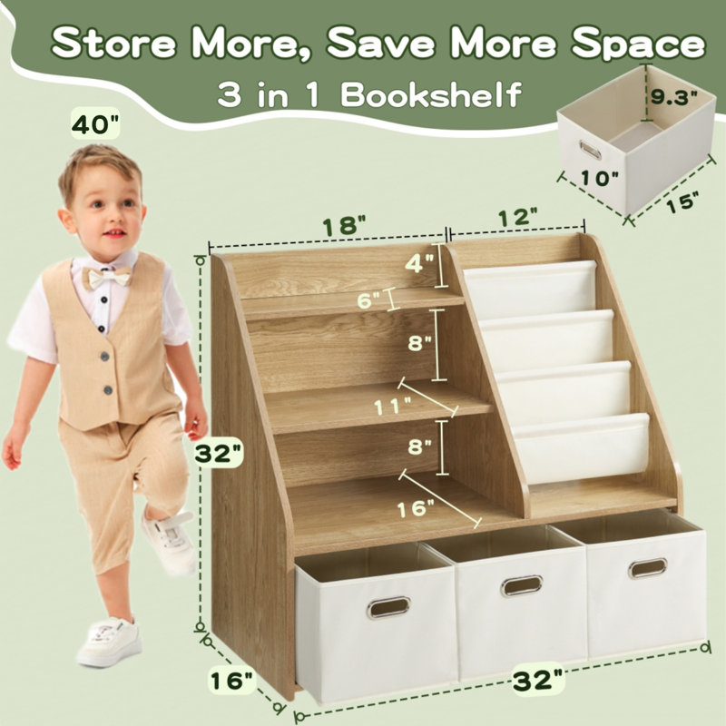 Kids Bookshelf And Toy Storage Organizer, Wood