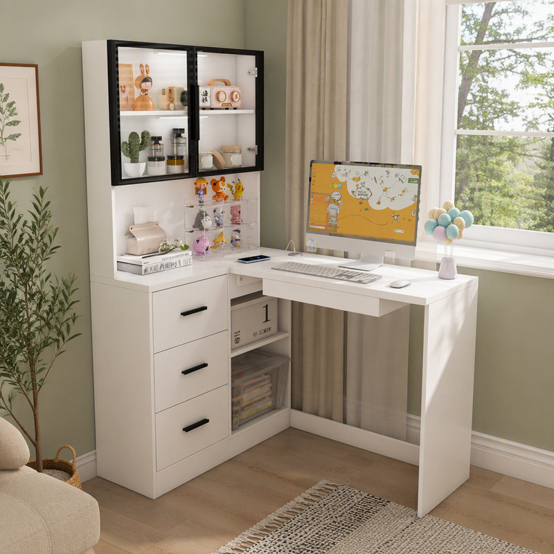 L Shaped Computer Desk with LED Lighted Glass Hutch Corner Office Desk with 3 Drawers and Power Outlet