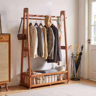 Solid Pine Wood Double-Rod Rolling Garment Rack with Guardrail Storage Shelf