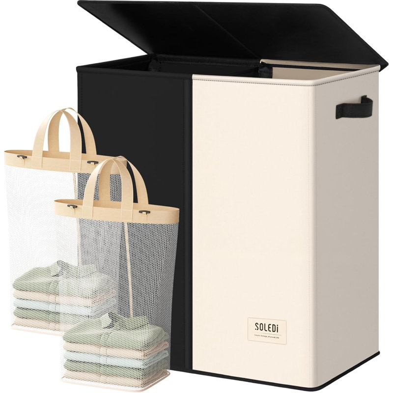 Grand panier à linge double avec couvercle, panier à linge pliable 2 sections avec sacs amovibles, panier à linge peu encombrant pour chambre à coucher, dortoir, université