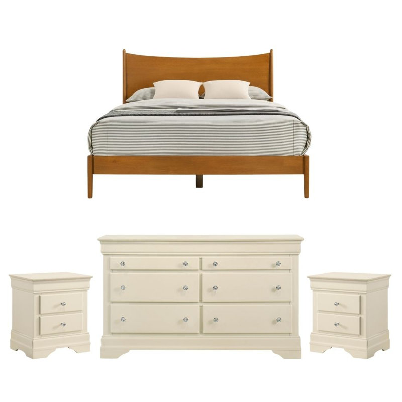 Barvelle Solid Wood 4 Piece Bedroom Set, Orange/Ivory, 4 Pcs: Bed, Dresser, 2 Nightstands
