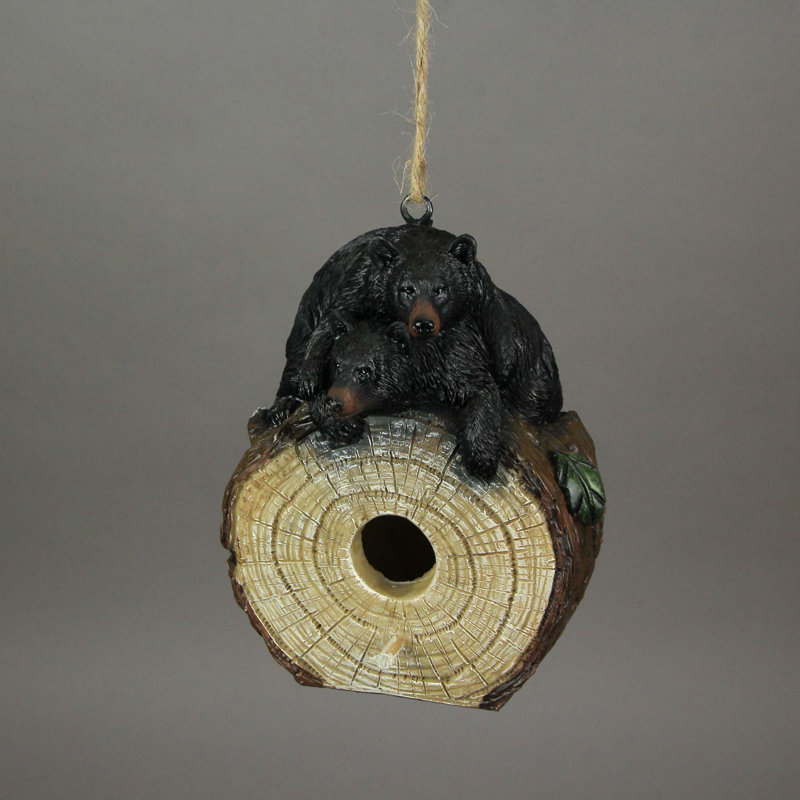 Nichoir suspendu rustique en résine avec motif d'oursons noirs et corde en jute, hauteur 19,7 cm