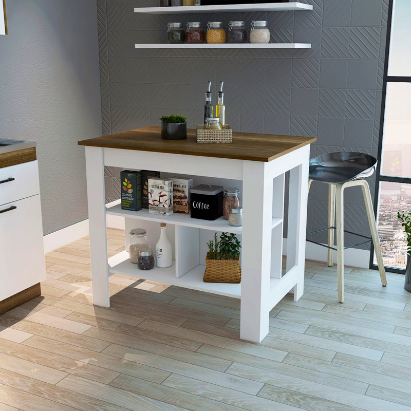 Îlot de cuisine, quatre pieds, trois tablettes - blanc / noyer