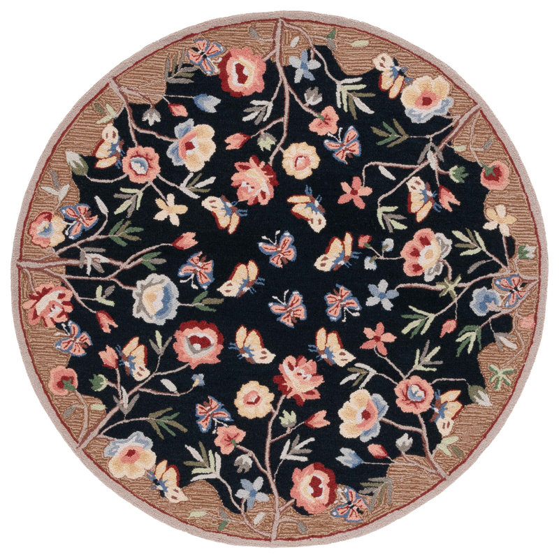 Elihu Hand Tufted Wool/Cotton Floral Rug in Black/Brown, Round 5'6"
