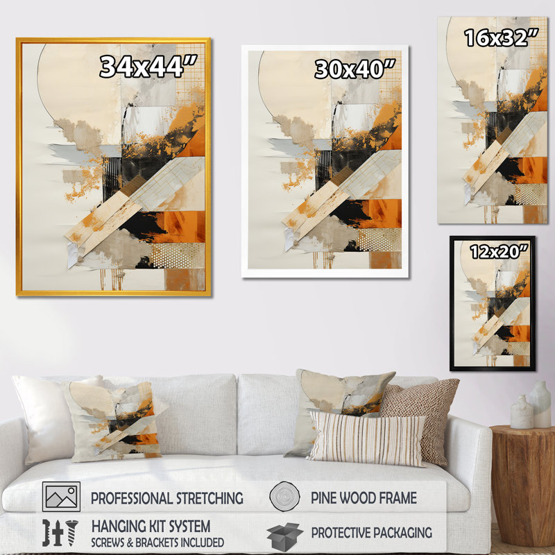 «Yellow Radiant Sunset Dream 2 - Collages abstraits», art mural, Cadre flottant noir, 44" H x 34" W