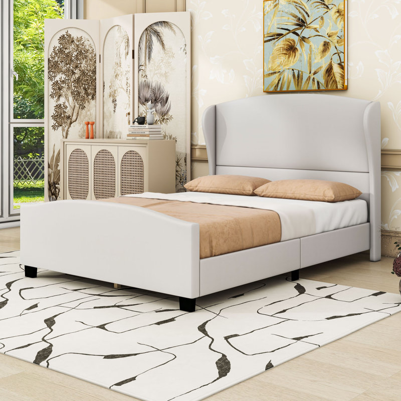 Upholstered Platform Bed with Headboard, King, Beige