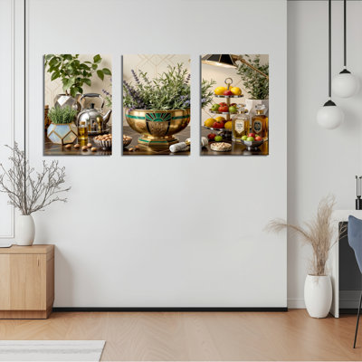 Ensemble de 3 tableaux sur toile tendue représentant une nature morte d'herbes aromatiques