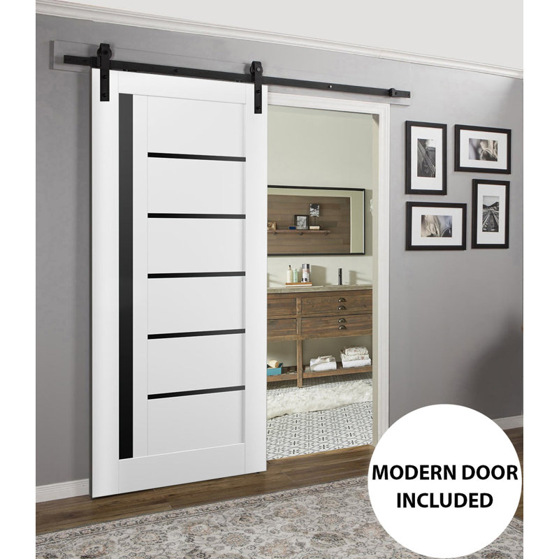 Porte de grange robuste Quadro 4588 Blanc Soie avec vitrage noir, rail de 2 m (6,6 pi), quincaillerie robuste, portes intérieures à panneaux pleins - 45,7 cm x 213,4 cm (18 po x 84 po) - vitrage noir - rail noir