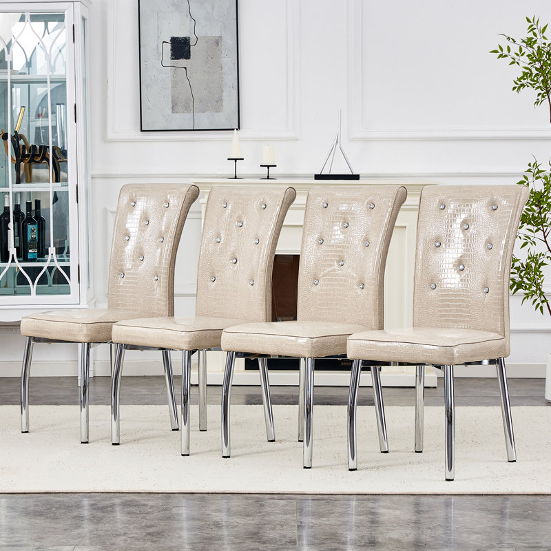 Modern Dining Chairs with PU Leather Cushioned Spring Pack, 4, Silver, Beige