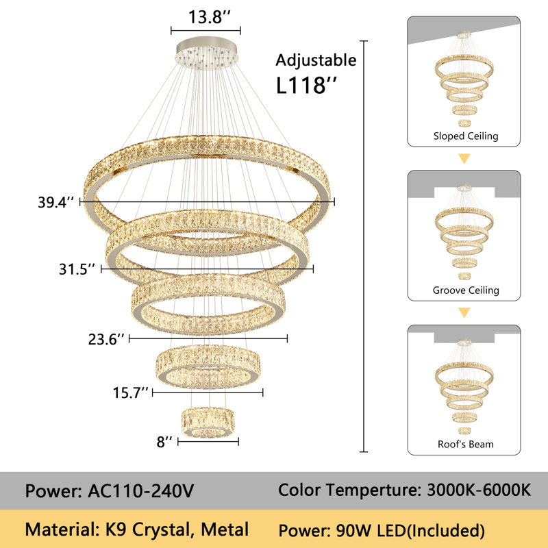 5 Ring High Ceiling Dimmable Chandeliers, Silver