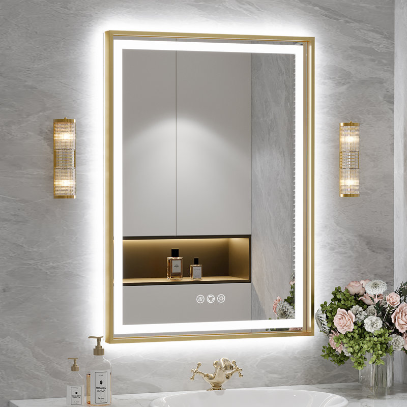 Miroir de salle de bain super lumineux, 32 po x 24 po, Doré