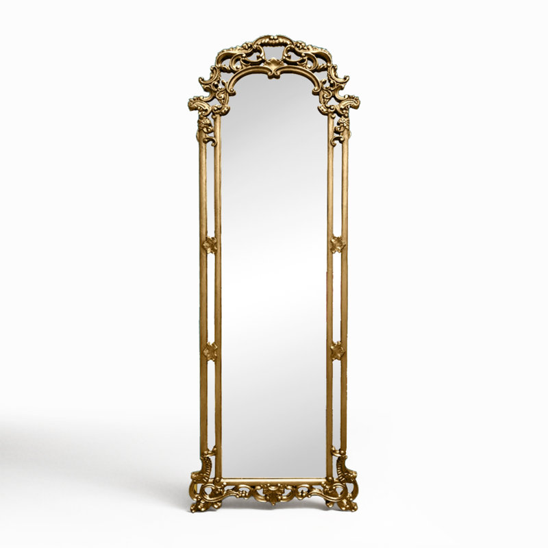 Baroque Hand-Carved Arched Floor-Mounted Full-Length Mirror, 66.93" x 23.62"