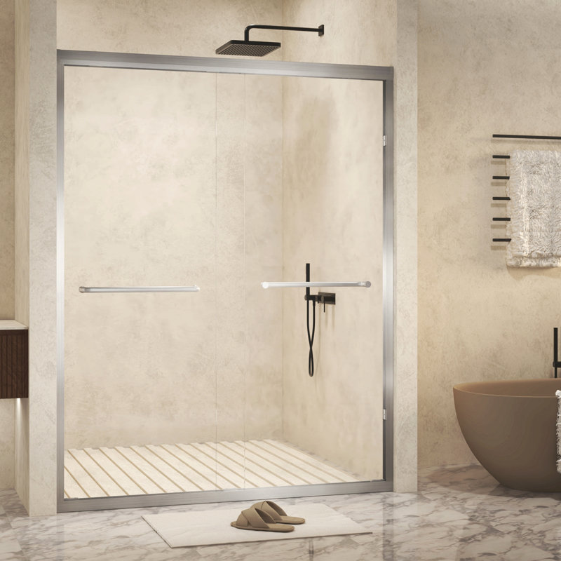 Tempered Glass With Explosion Proof Film, Aluminum Frame Double Sliding Shower Door, "1/4 (6 Mm), Stainless Steel Handle