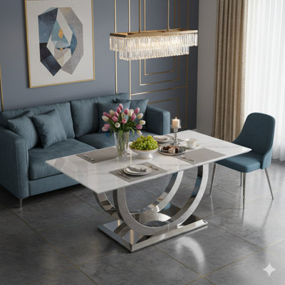 Table de salle à manger rectangulaire de 69,30 pouces, conception simple et moderne, plateau de table en marbre, centre en panneau de fibres à densité moyenne, surface de miroir en acier inoxydable de couleur argent, pouvant accueillir 4 à 6 personnes, motif de marbre blanc, finition miroir argenté.
