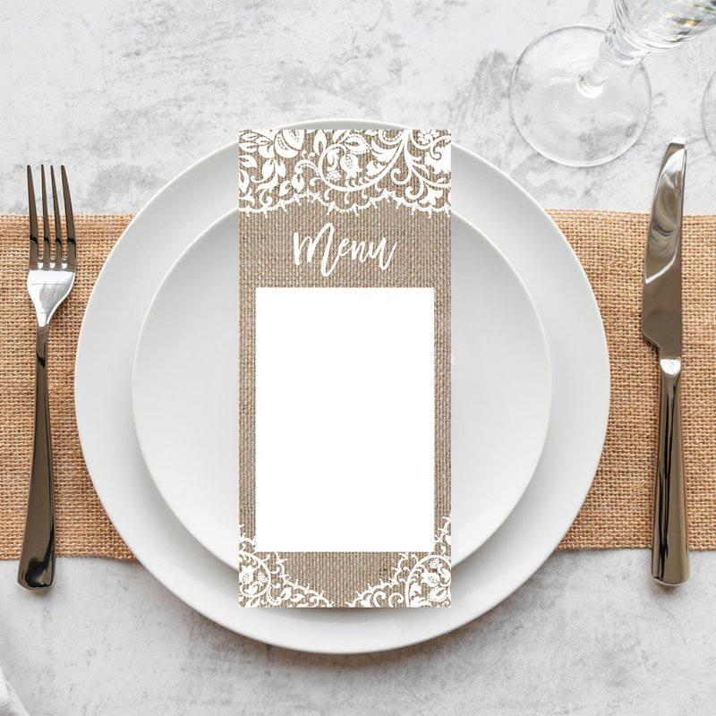 Carte de menu de mariage en jute et dentelle imprimable rustique pour imprimante de bricolage, paquet de 52