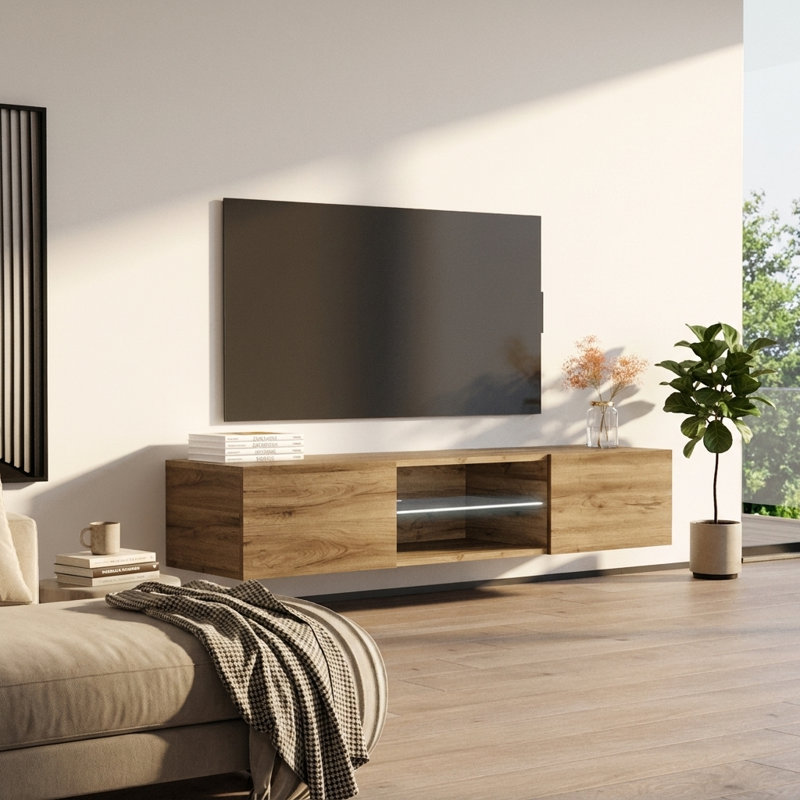 Fly 63" Modern Floating Wall Mounted TV Stand with LED Lighting, High Gloss Finish, Oak