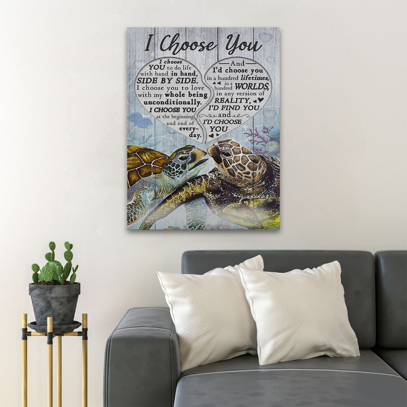 Turtle Couple - I Choose You To Do Life With Hand In Hand Side By Side - 1 Piece Rectangle Graphic Art Print On Wrapped Canvas