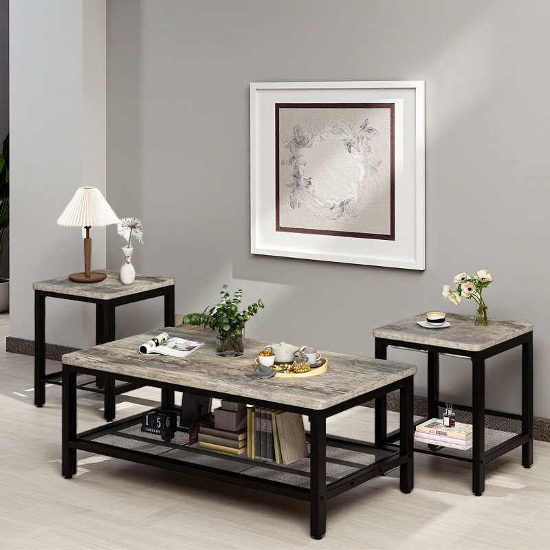 Industrial Coffee Table, Coffee Table Set Of 3 With 2 Square End Side Tables, Faux Marble Coffee Table With Metal Frame For Apartment Home Office, White Black