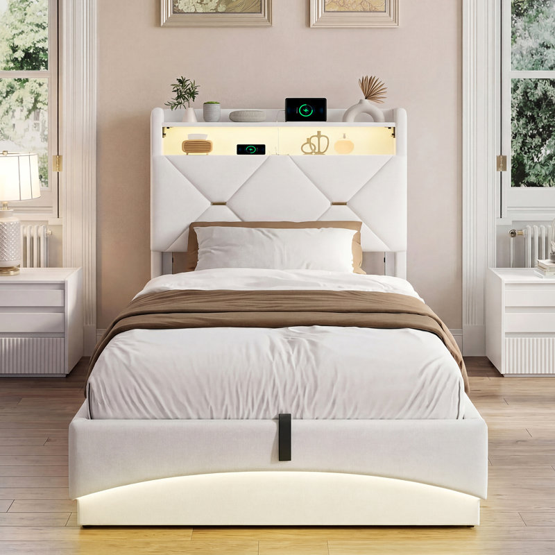 Upholstered Ottoman Storage Bed, European Single (90 x 200 cm), Beige