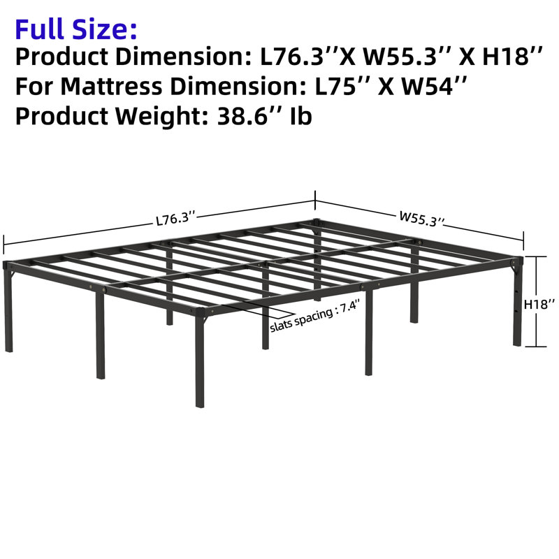 18" Steel Bed Frame Heavy-Duty Noise-Free No Boxspring Needed, Enough Storage Space Underbed, Full