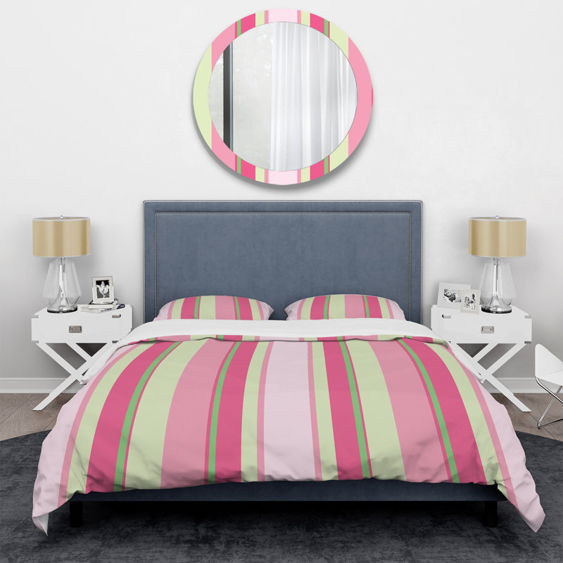 Pink and Green Striped Pattern - Abstract Duvet Cover Set - Microfiber Polyester