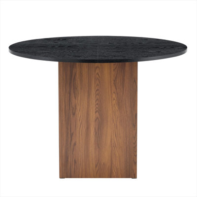 42-Inch Round MDF Dining Table with Dual Storage Shelves, Sleek Black Top and Wood Base, Seats 4
