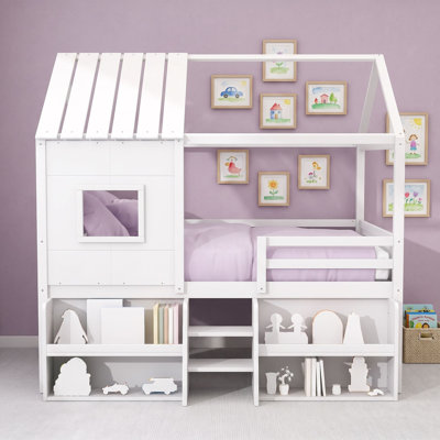 Wooden House-Shaped Loft Bed with Built-In Stairs, Shelves and Window