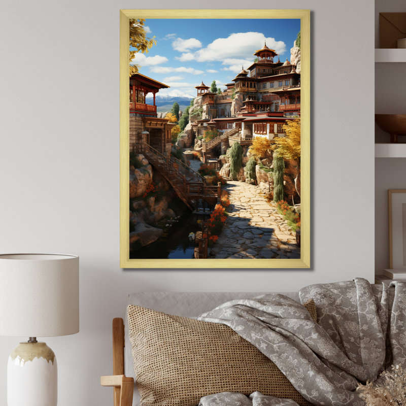 Art asiatique, monastère tibétain IV sur toile, H 20 po x l 12 po x P 1 po, Encadrement doré