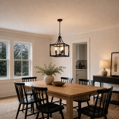 Burkinshaw 3-Light Matte Black Farmhouse Square Cage Open Frame Pendant, LED Compatible, 15 in. Wide Adj Height for Kitchen Island Dining Room Entryway