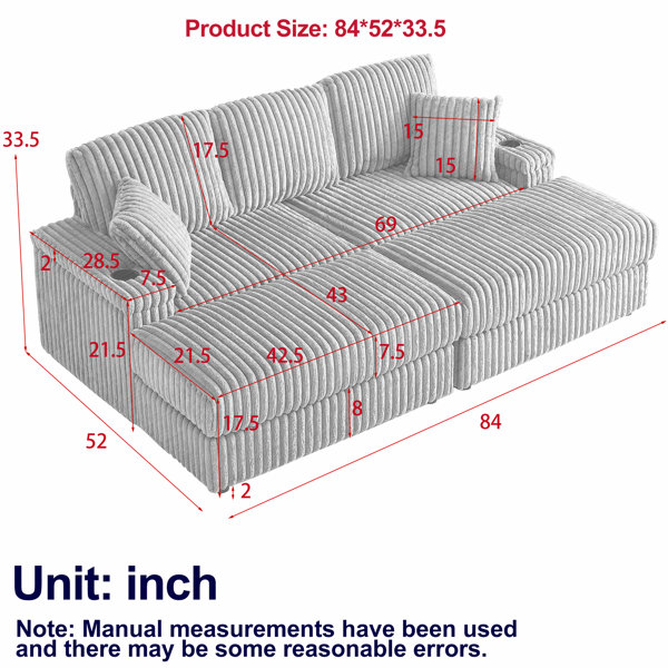 Latitude Run® 3 Comfy Corduroy With Cup-Holding Grooves, Back Pillows ...