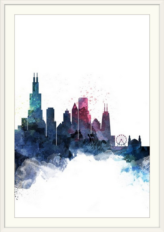 « chicago aquarelle cityscape », impression, H 44 po x l 32 po x P 1 po, Cadre blanc