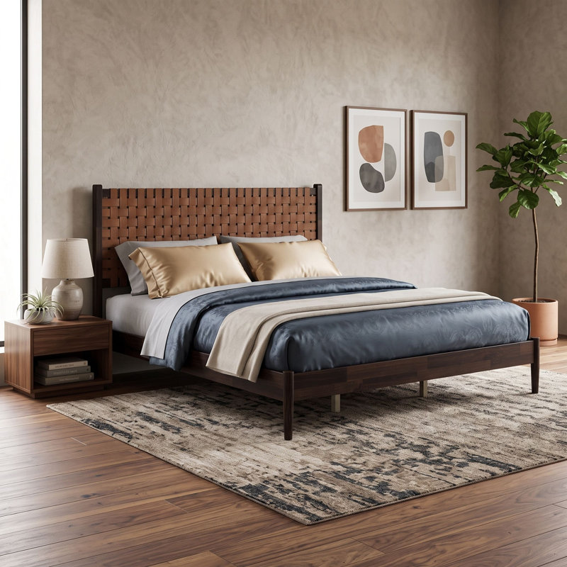 Lit plateforme Mid-Century moderne en bois avec tête de lit en cuir végétalien tissé, King, Dark Brown
