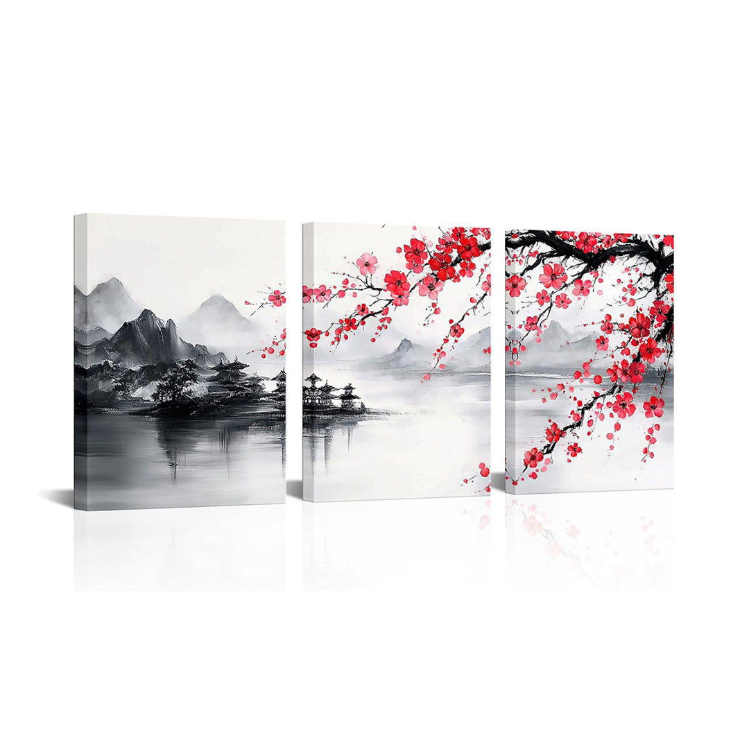 Traditional Chinese Wall Art Asian Plum Blossom Canvas Prints Flowers Tree with Mountain Lake Painting Black and Red Landscape Artwork Oriental Ink St