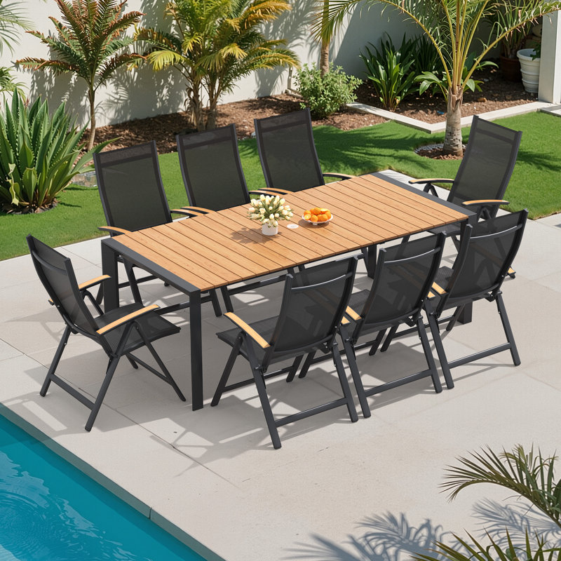 8 - Person 83’’ L Aluminum Patio Dining Set With Adjustable Folded Chairs And Umbrella Hole, Brown