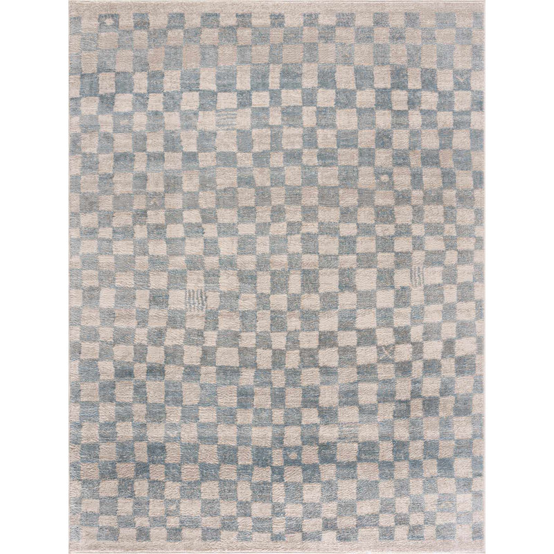 Tapis terre cuite / rouille à carreaux Jasha, Rectangle 6 pi 7 po x 9 pi, Bleu