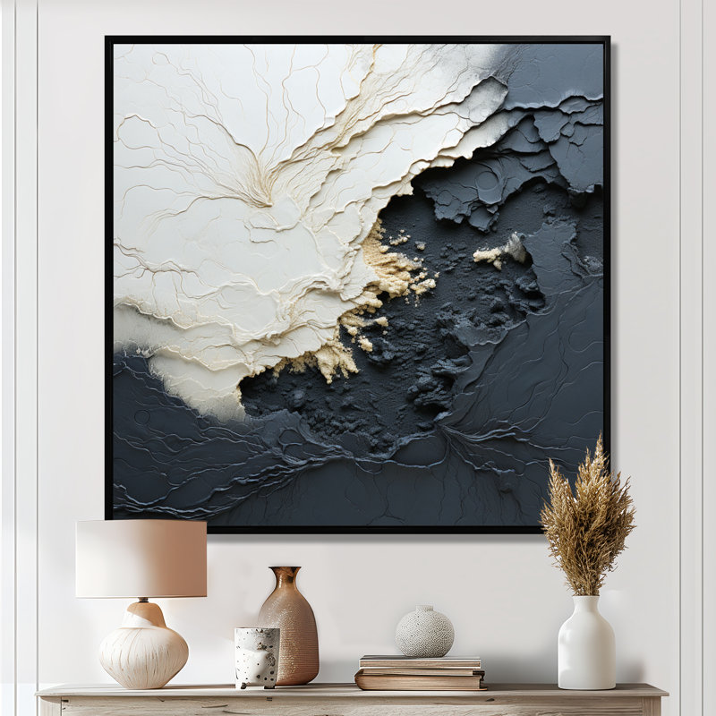 Minimalisme, peinture vague III - art mural côtier, H 24 po x l 24 po, Reproduction avec cadre flottant, Noir