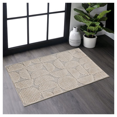 Step Collection High-Low Beige Area Rug, Modern Geometric Indoor Carpet for Living Room & Bedroom