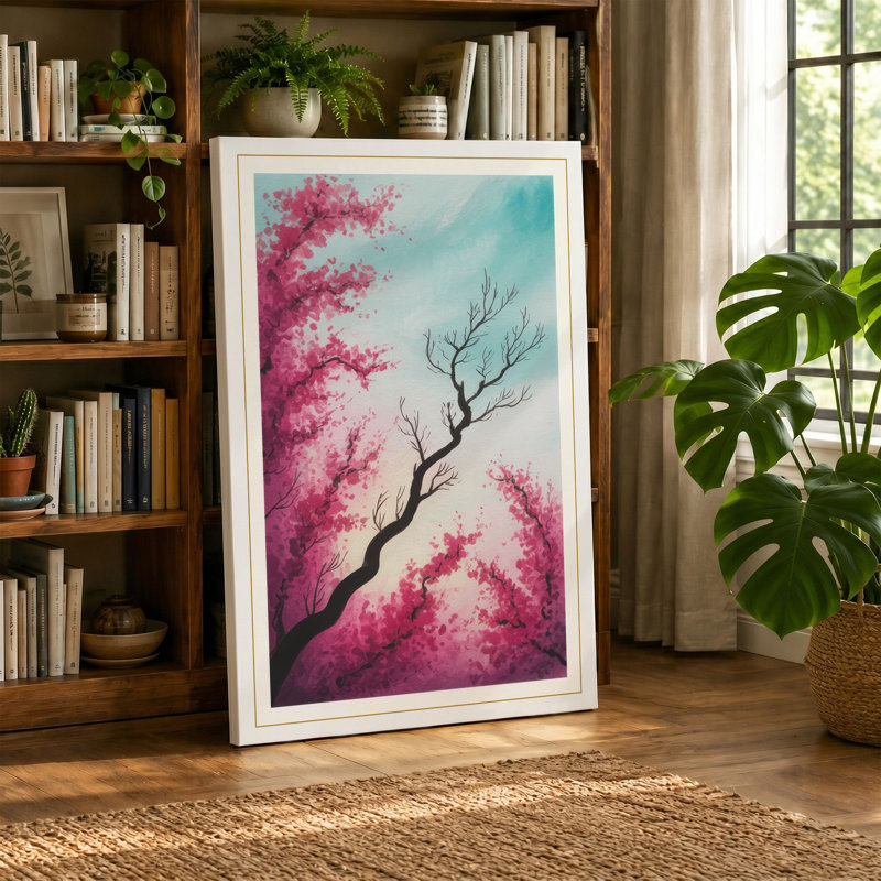 Bare Branch in Blossom Modern 1 Piece Wrapped Canvas Wall Art, 18x12 - 45.7 x 30.5 cm, Cream Border
