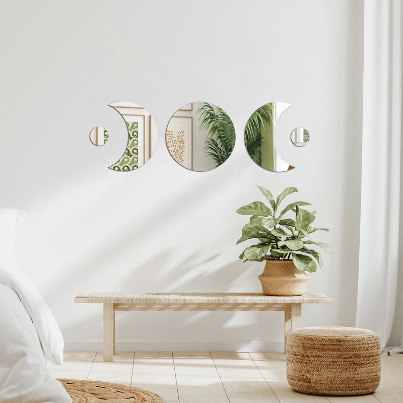 Peel and Stick Mirror Tiles, Moon Phase Design 5 Piece Set
