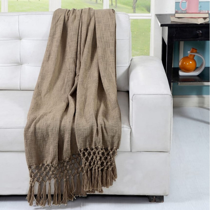 Braden Beige Knitted Cotton Throw Blanket with Fringe