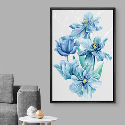 "IDÉE4WALL", reproduction d'art sur toile encadrée, aquarelle bleue, pivoines, plantes florales, illustrations, art moderne, chic, relax / calme, pastel pour le salon, la chambre à coucher, le bureau - 24 po x 36 po, naturel