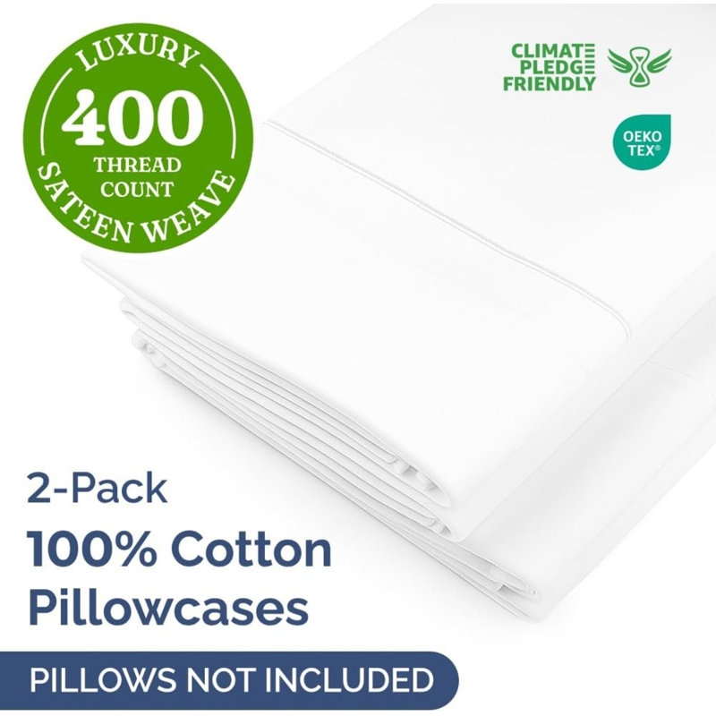 100% Cotton Pillowcase Set, 400 Thread Count Hotel Luxury Pillowcases, Soft & Breathable, Set of 2, Queen, White