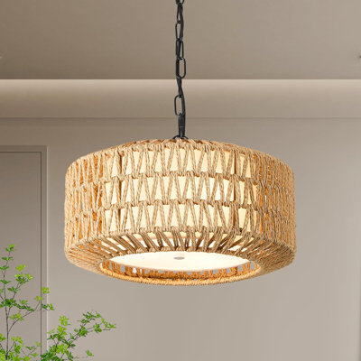 Boho Chandelier Light Fixture Hand Woven Rattan Pendant Light Farmhouse Wicker Hanging Drum For Dining Room Kitchen