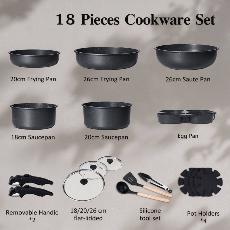 18-Piece Non-Stick Pots and Pans Set with Detachable Handle, PTFE, PFOA & PFAS-Free Coating, Induction Compatible, Oven Safe, Space-Saving Cookware for RV, Grey