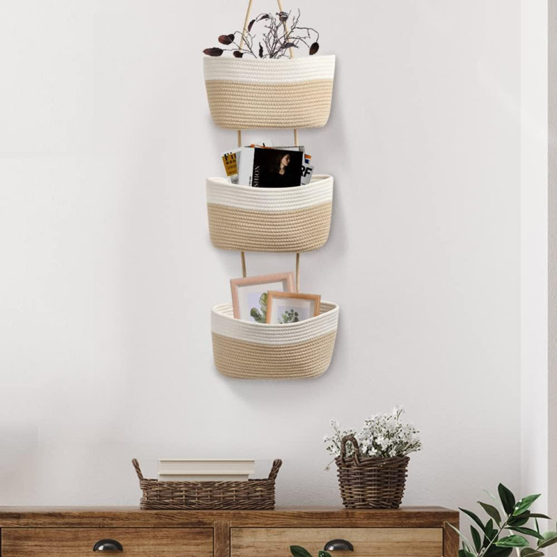 Panier de rangement suspendu au-dessus de la porte, panier de rangement mural en coton tissé à 3 niveaux avec paniers de cuisine décoratifs - blanc + jute
