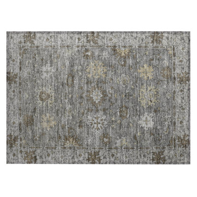 Machine Washable Indoor/Outdoor Xhevrie Pewter Rug