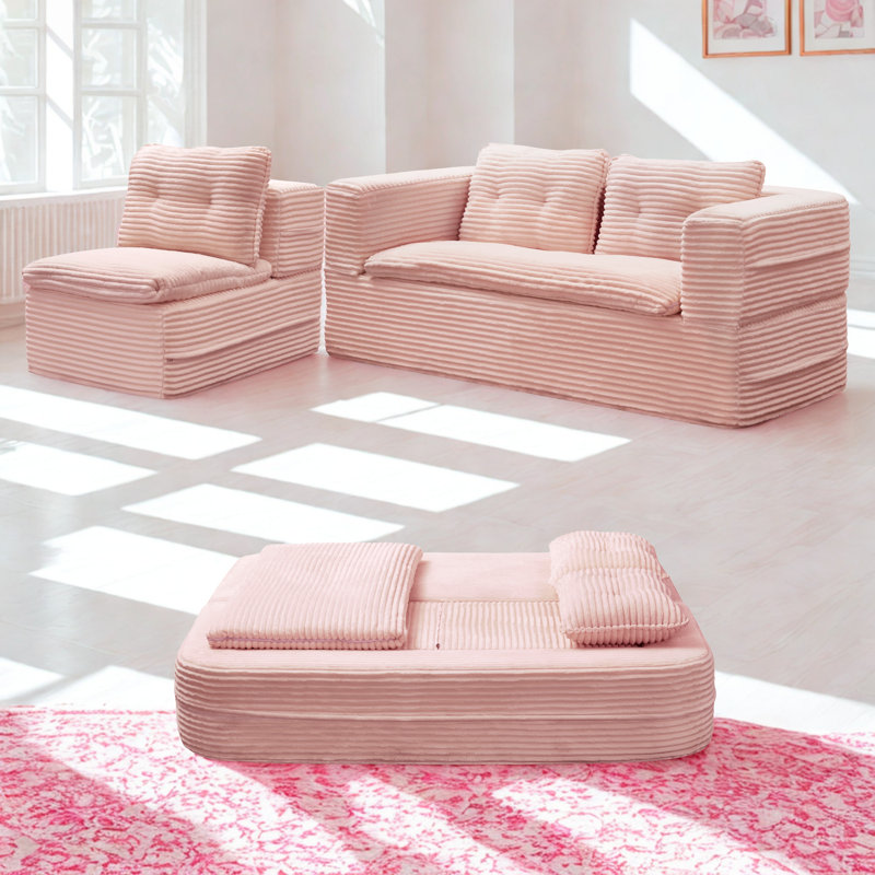 Canapé-lit modulaire multifonctionnel avec méridienne indépendante et couverture fonctionnelle, canapé en velours côtelé moelleux, canapé-lit convertible, très grand lit de 80 po, canapé moelleux à assise profonde, rose pastel