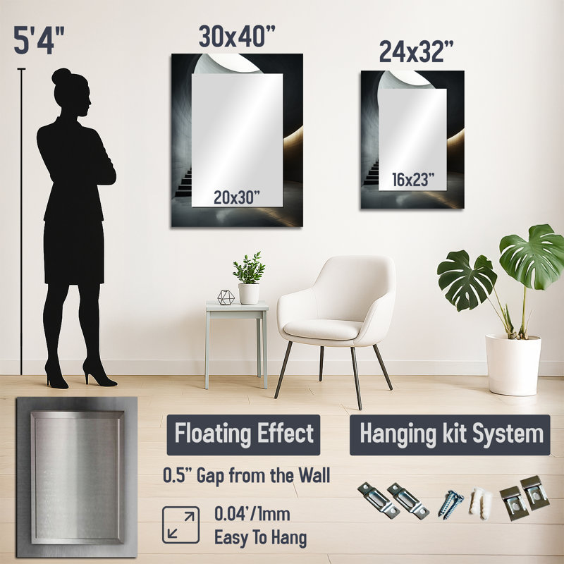 Lapish Grey Concrete Canvas Subtle II - Tunnel Large Wall Mirror, Industrial Decorative Mirror, Printed Metal Art, 32" x 24"