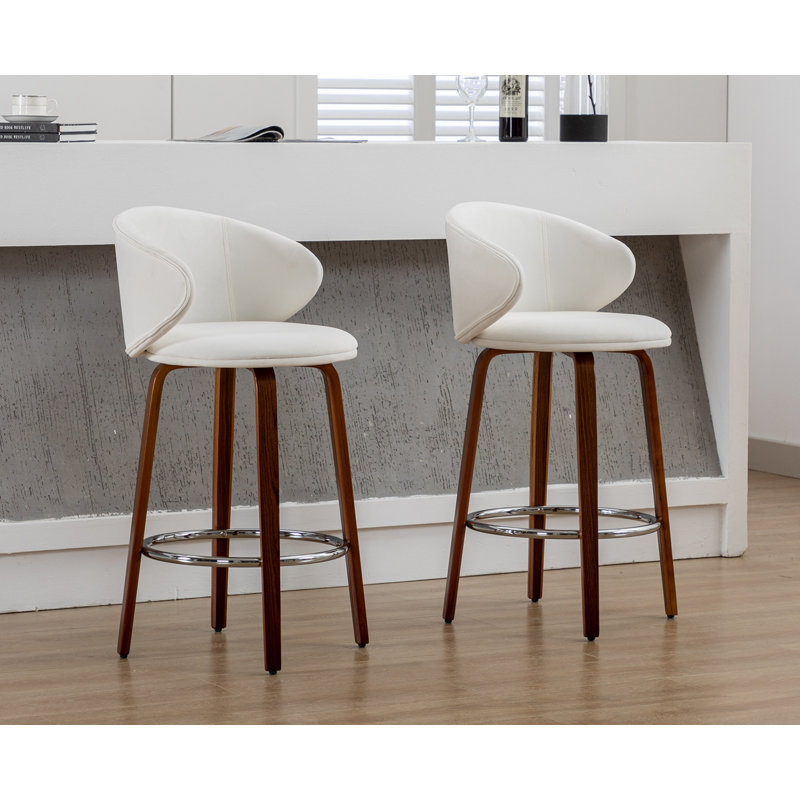 White Upholstered Counter Stools with Solid Wood Frame, Set of 2